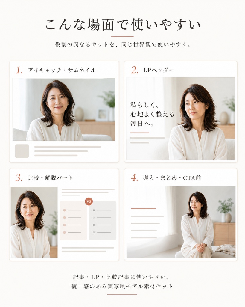 40代前後に自然に見える日本人女性モデル素材 8枚セット|ブログ・LP向けAI画像素材