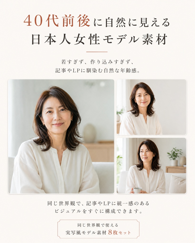 40代前後に自然に見える日本人女性モデル素材 8枚セット|ブログ・LP向けAI画像素材