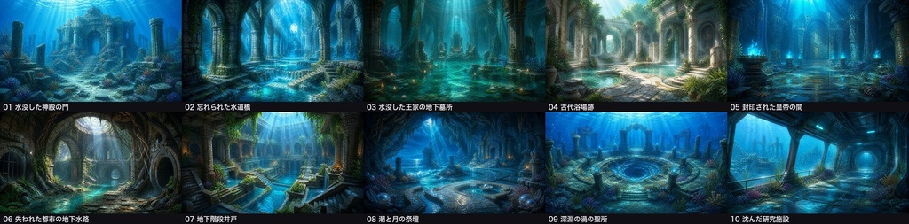 【無料】水没遺跡・アクアダンジョン 背景素材 10枚セット