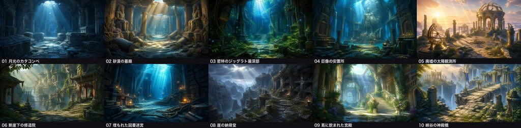 【無料】古代神殿・石の遺跡 背景素材 10枚セット背景素材ゲーム素材ダンジョン遺跡神殿ファンタジー無料素材フリー素材商用利用可生成