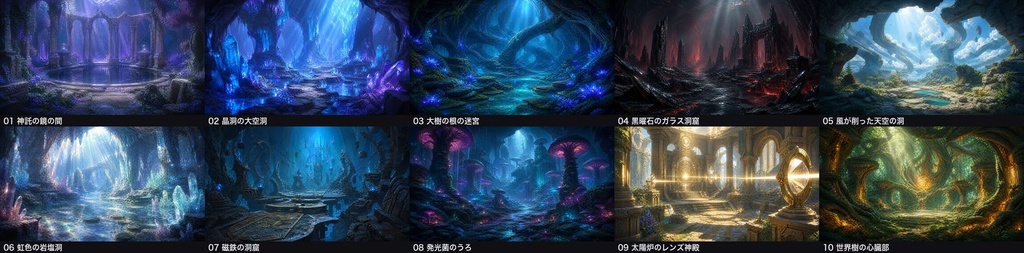 【無料】結晶洞窟と大自然のダンジョン 背景素材 10枚セット