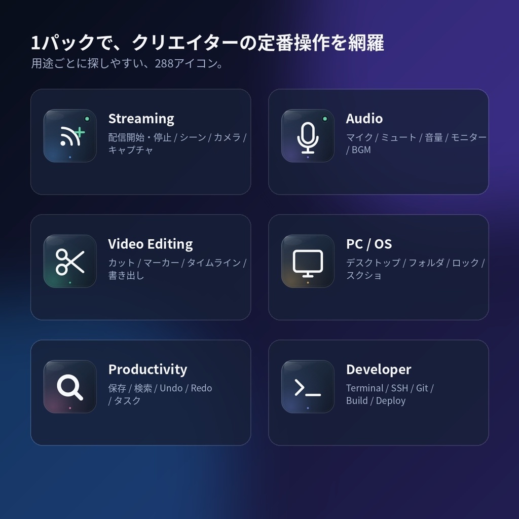 【無料版あり】【Stream Deck】Creator Deck Icons - Glass|配信・動画編集・PC操作 288アイコン【PNG / SVG】