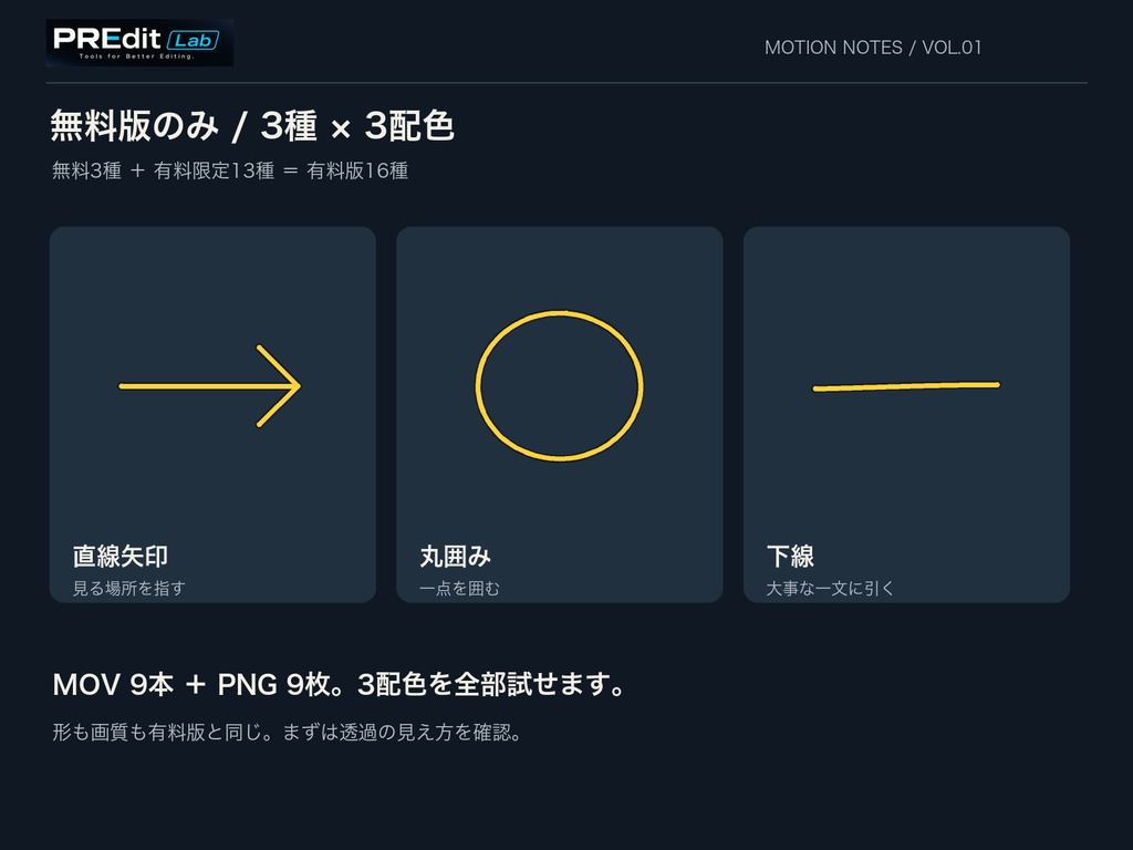 【無料3種あり】動く注釈素材16種|矢印・囲み・下線|透過MOV+PNG|PREditLab Motion Notes
