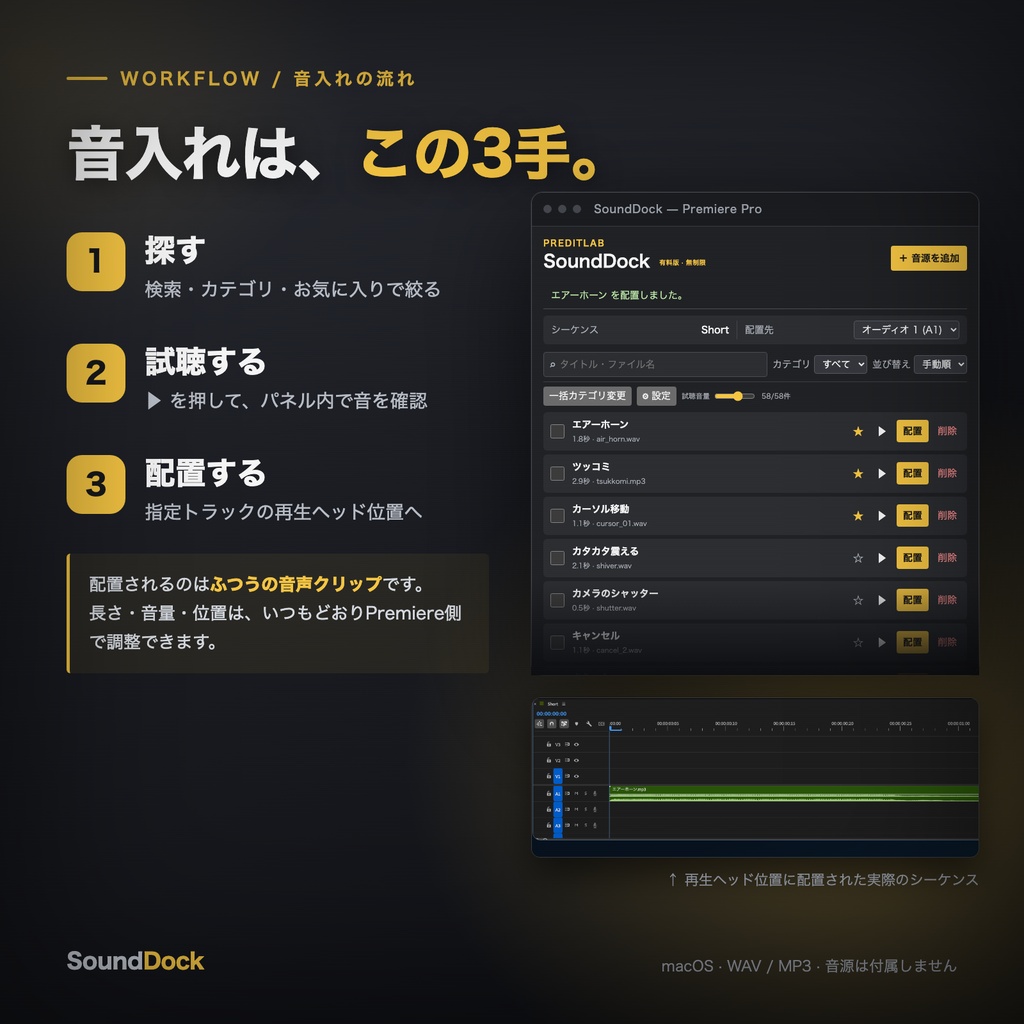 【無料版あり】SoundDock|効果音の整理・試聴・配置パネル for Premiere Pro【macOS】