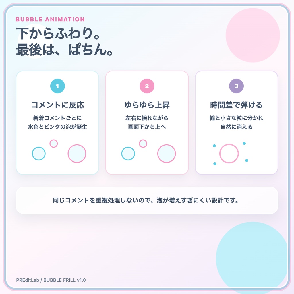 【わんコメ用】BUBBLE FRILL|水色×ピンクのフリルコメント枠・泡アニメーション|OBS・VTuber配信|PREditLab