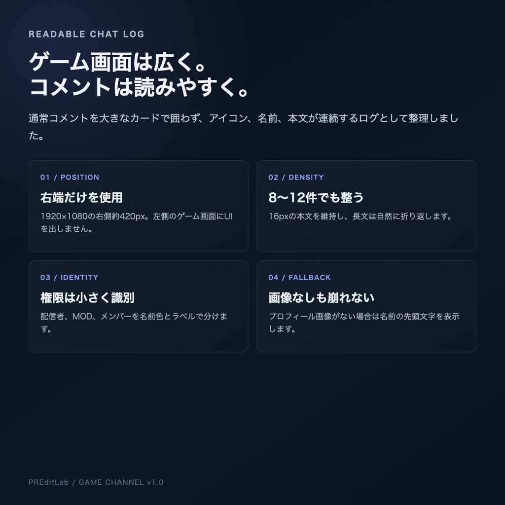 Discord風 - わんコメ用 GAME CHANNEL|ゲーム画面の右端に置くテキストチャンネル風テンプレート|PREditLab