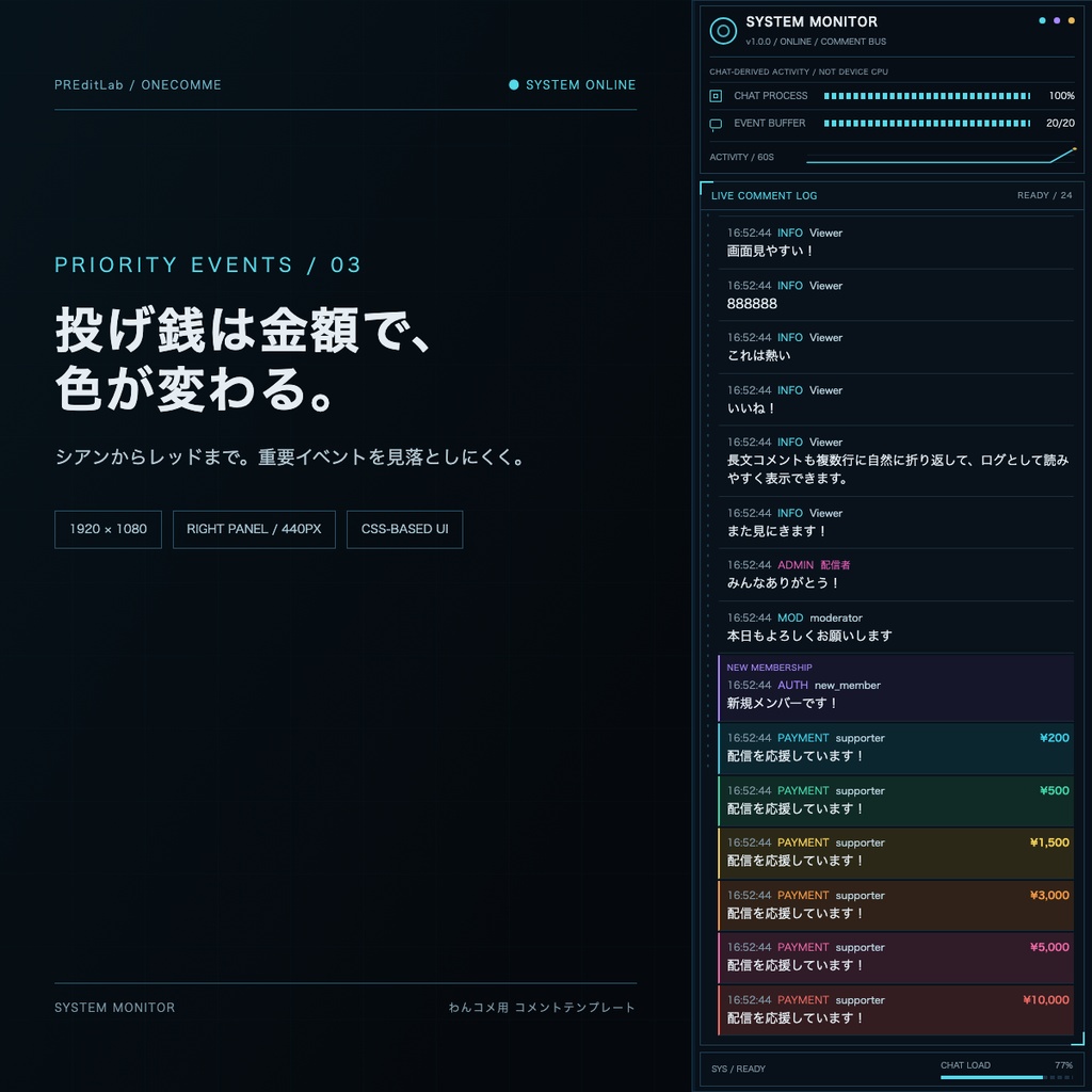 【わんコメ用】SYSTEM MONITOR|コメントがイベントログになる監視端末UI|ゲーム配信・OBS|PREditLab