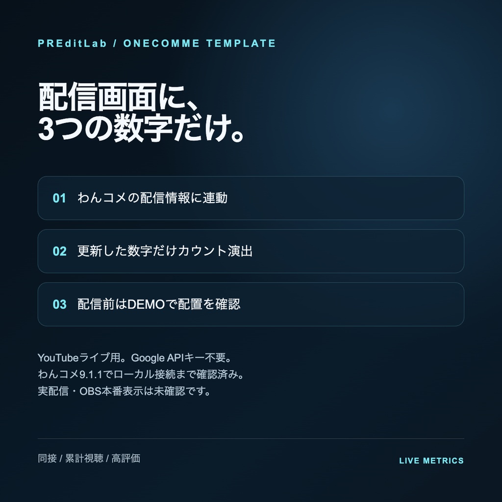 LIVE METRICS|同接・累計視聴・高評価を表示するわんコメ用カウンター|PREditLab