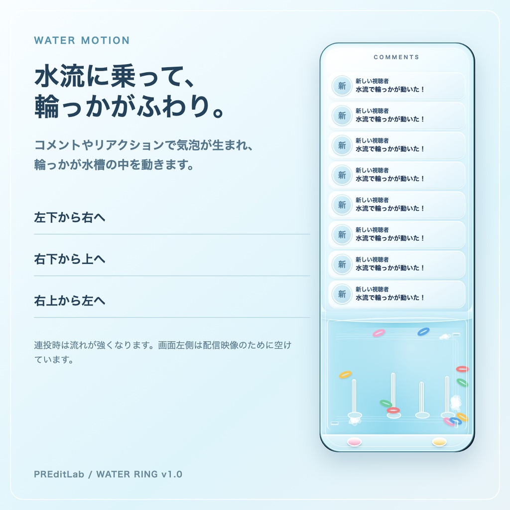 【わんコメ用】WATER RING|コメントで輪っかが動くウォーターゲーム風コメント欄|OBS・配信素材|PREditLab