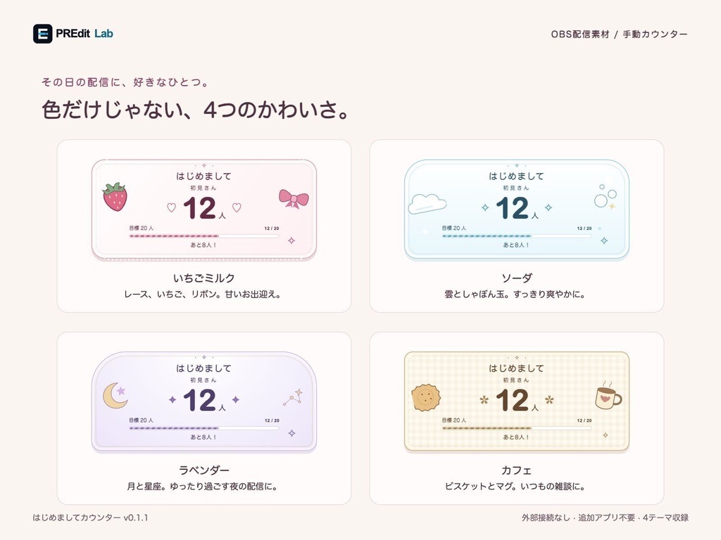 【OBS用・4テーマ】はじめましてカウンター|かわいい手動初見カウンター