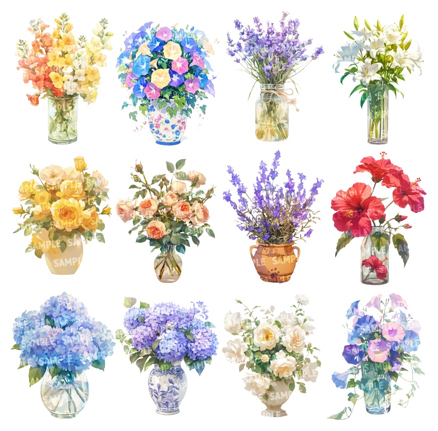 【透過素材100点】季節の花瓶|春夏秋冬(png)
