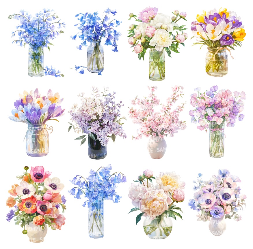 【透過素材100点】季節の花瓶|春夏秋冬(png)