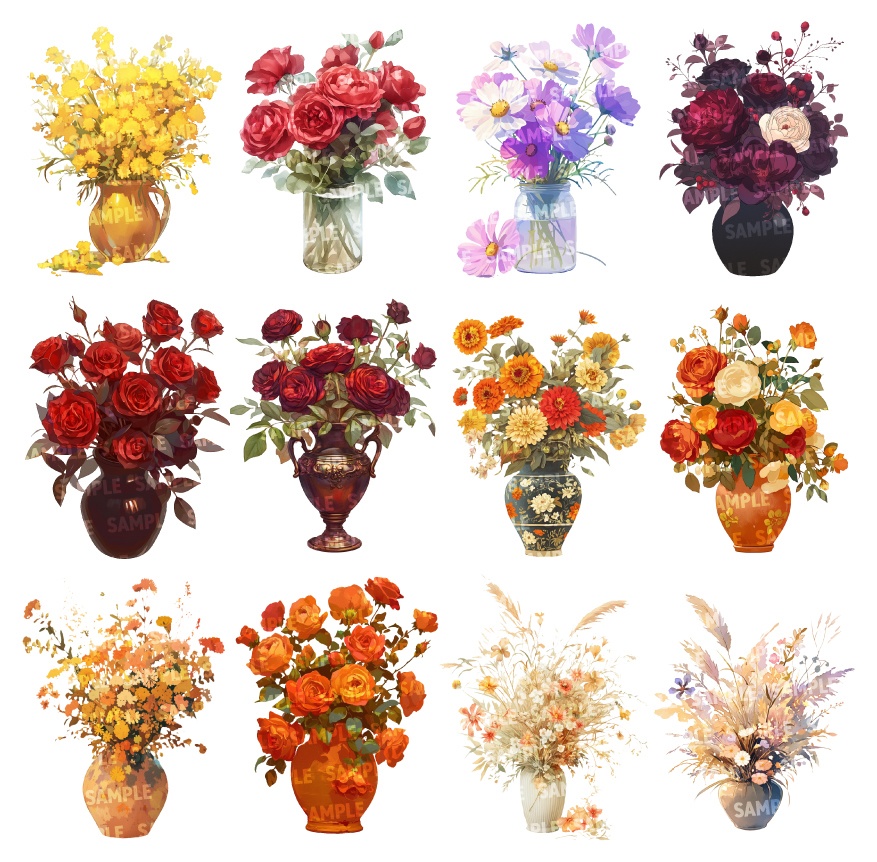 【透過素材100点】季節の花瓶|春夏秋冬(png)