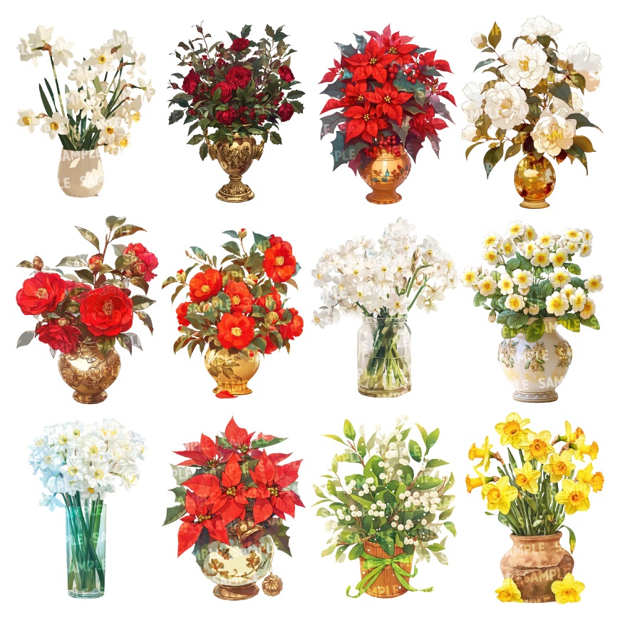 【透過素材100点】季節の花瓶|春夏秋冬(png)