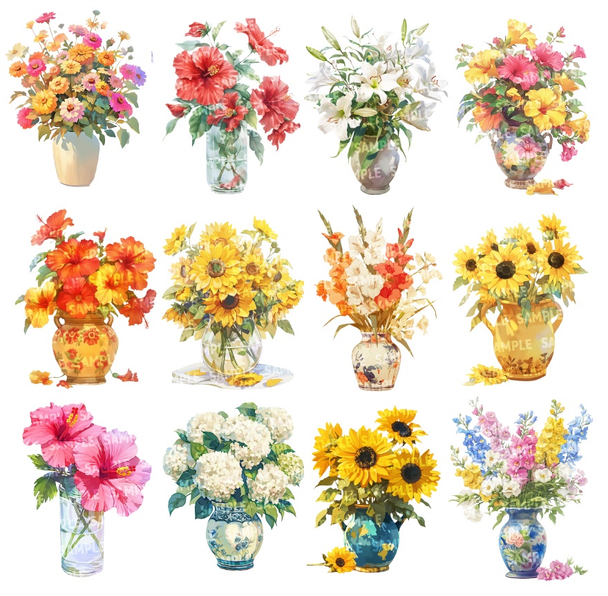 【透過素材100点】季節の花瓶|春夏秋冬(png)