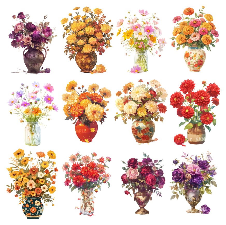 【透過素材100点】季節の花瓶|春夏秋冬(png)