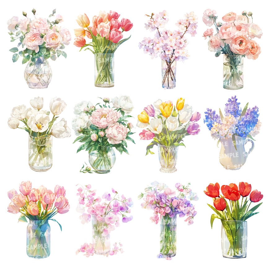 【透過素材100点】季節の花瓶|春夏秋冬(png)