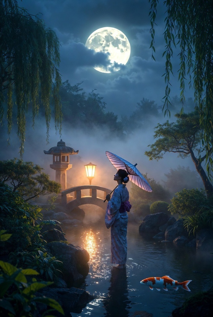 「月灯の夜庭園 - 幻想鯉泳ぐ 4K壁紙パック 15枚」