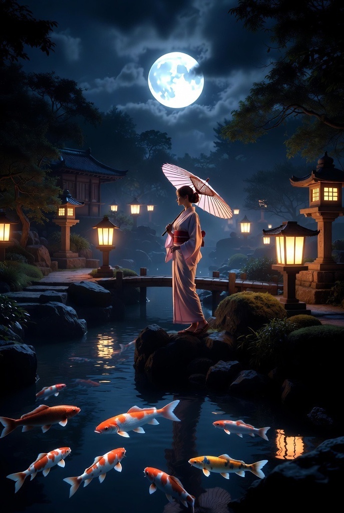 「月灯の夜庭園 - 幻想鯉泳ぐ 4K壁紙パック 15枚」