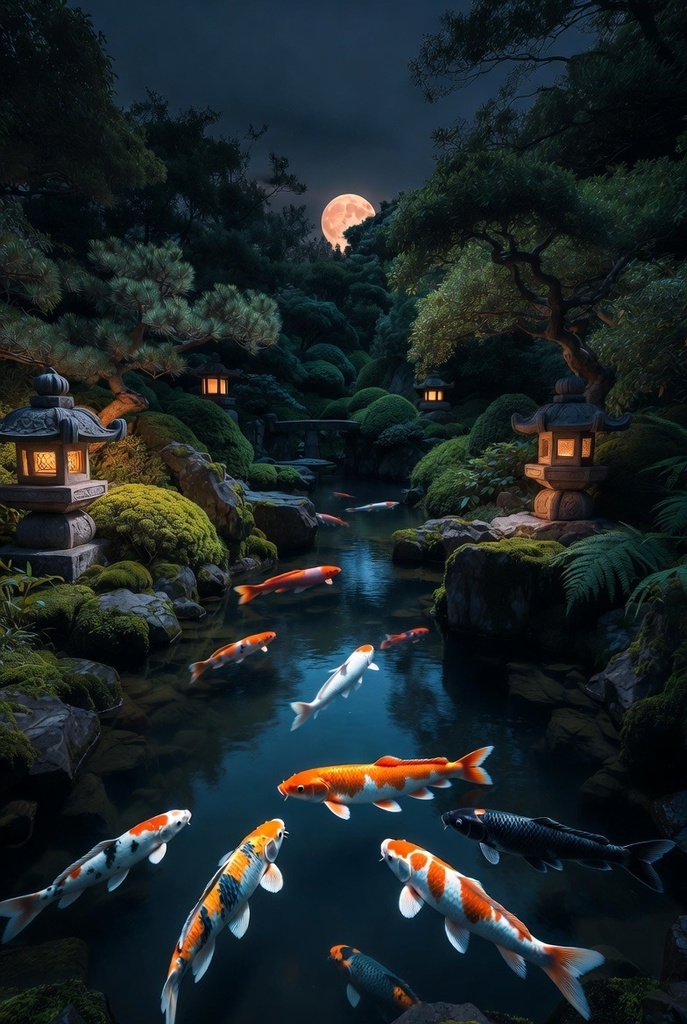 「月灯の夜庭園 - 幻想鯉泳ぐ 4K壁紙パック 15枚」