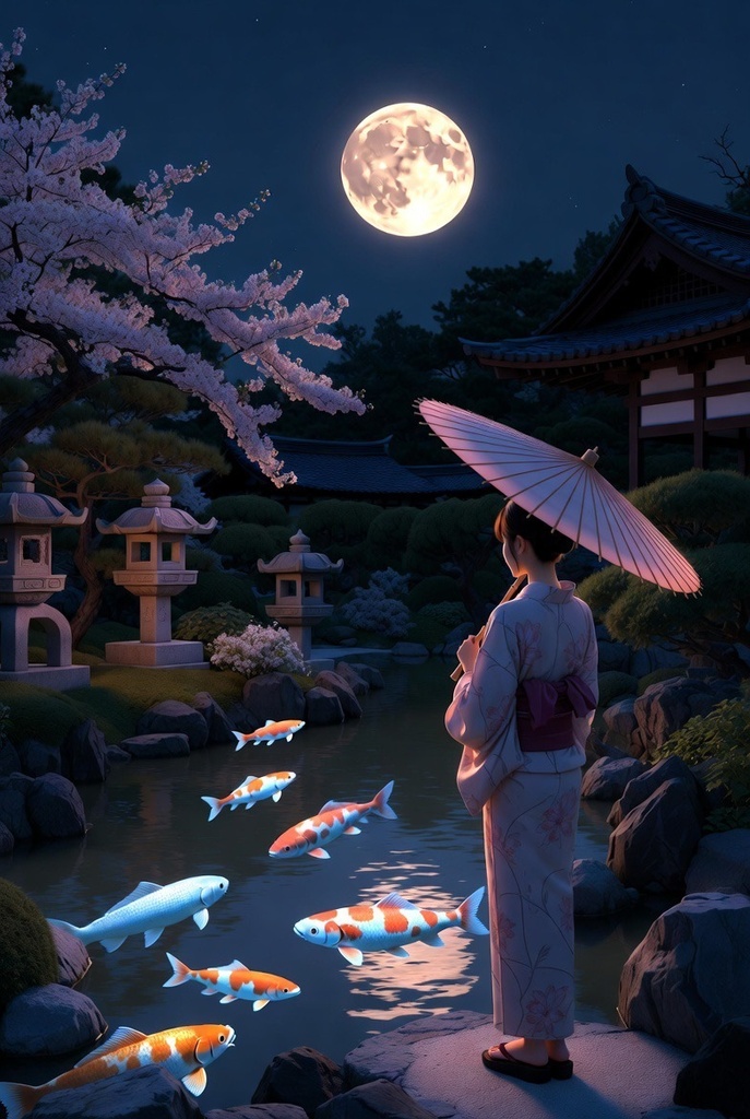 「月灯の夜庭園 - 幻想鯉泳ぐ 4K壁紙パック 15枚」