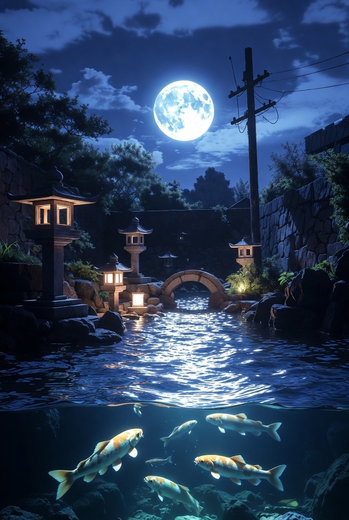 「月灯の夜庭園 - 幻想鯉泳ぐ 4K壁紙パック 15枚」