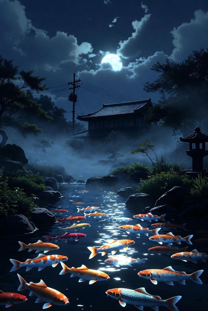 「月灯の夜庭園 - 幻想鯉泳ぐ 4K壁紙パック 15枚」