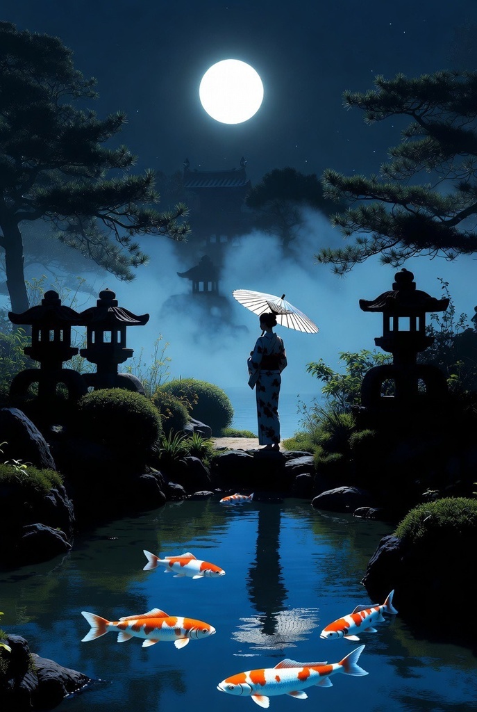 「月灯の夜庭園 - 幻想鯉泳ぐ 4K壁紙パック 15枚」