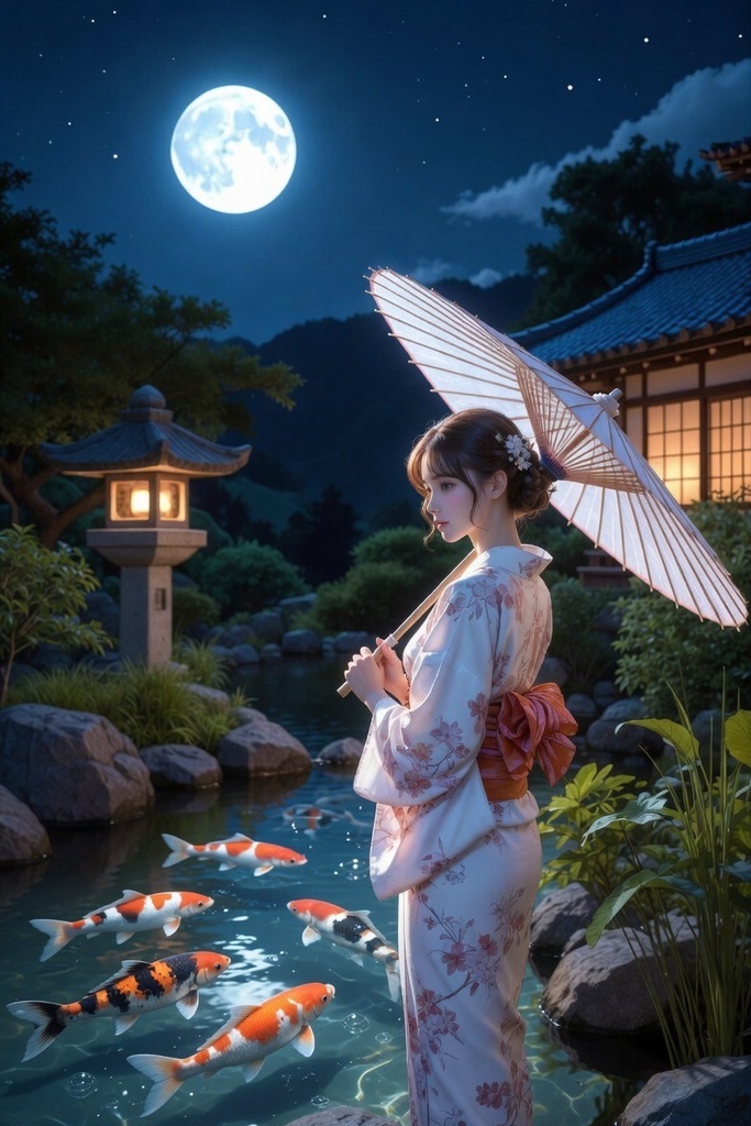 「月灯の夜庭園 - 幻想鯉泳ぐ 4K壁紙パック 15枚」