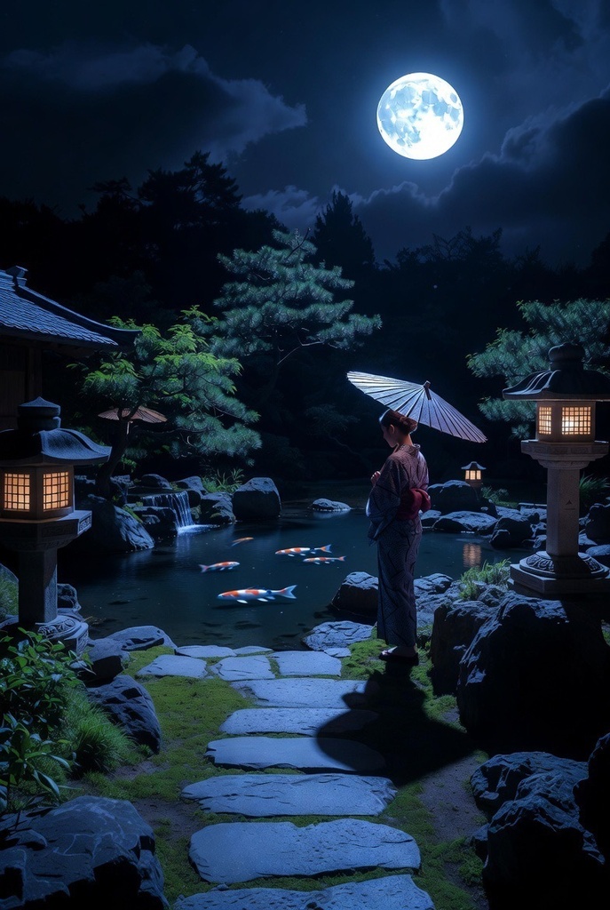 「月灯の夜庭園 - 幻想鯉泳ぐ 4K壁紙パック 15枚」
