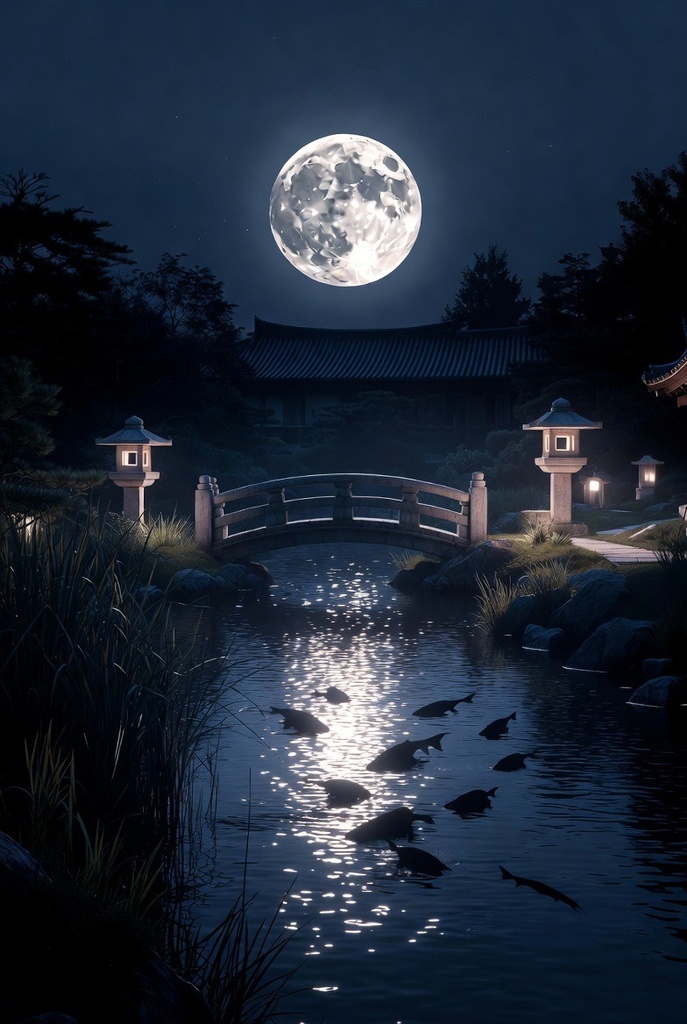 「月灯の夜庭園 - 幻想鯉泳ぐ 4K壁紙パック 15枚」