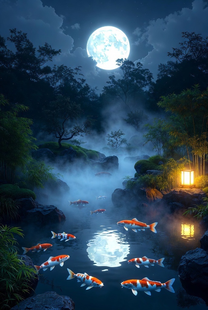 「月灯の夜庭園 - 幻想鯉泳ぐ 4K壁紙パック 15枚」