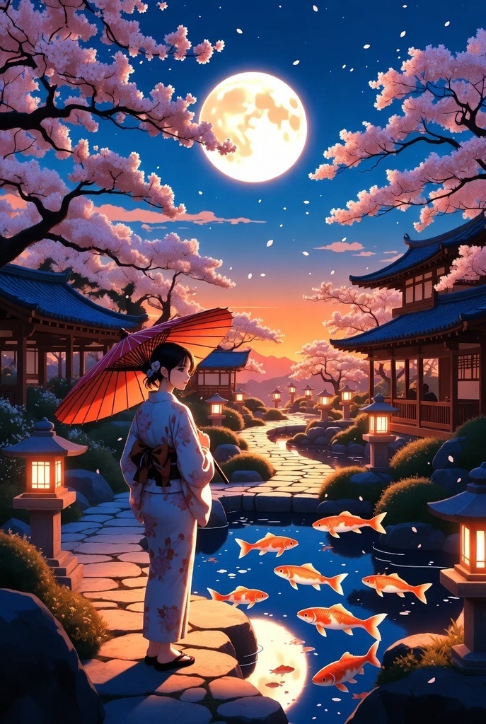 「月灯の夜庭園 - 幻想鯉泳ぐ 4K壁紙パック 15枚」