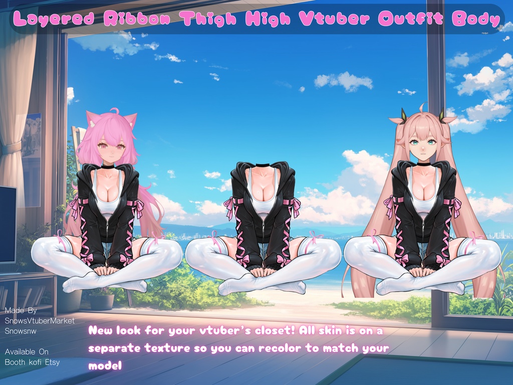 Layered Ribbon Hoodie Thigh High Vtuber Outfit Body | Ready to Use