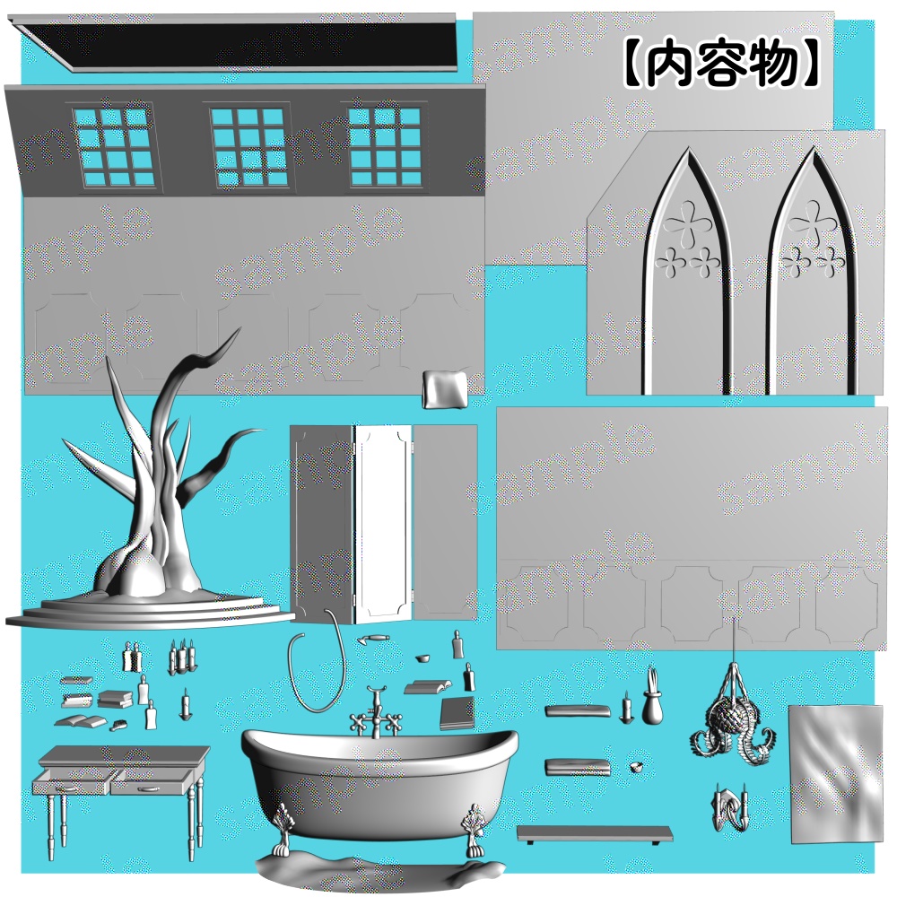 【クリスタ用3D】猫足バスタブの浴室セット