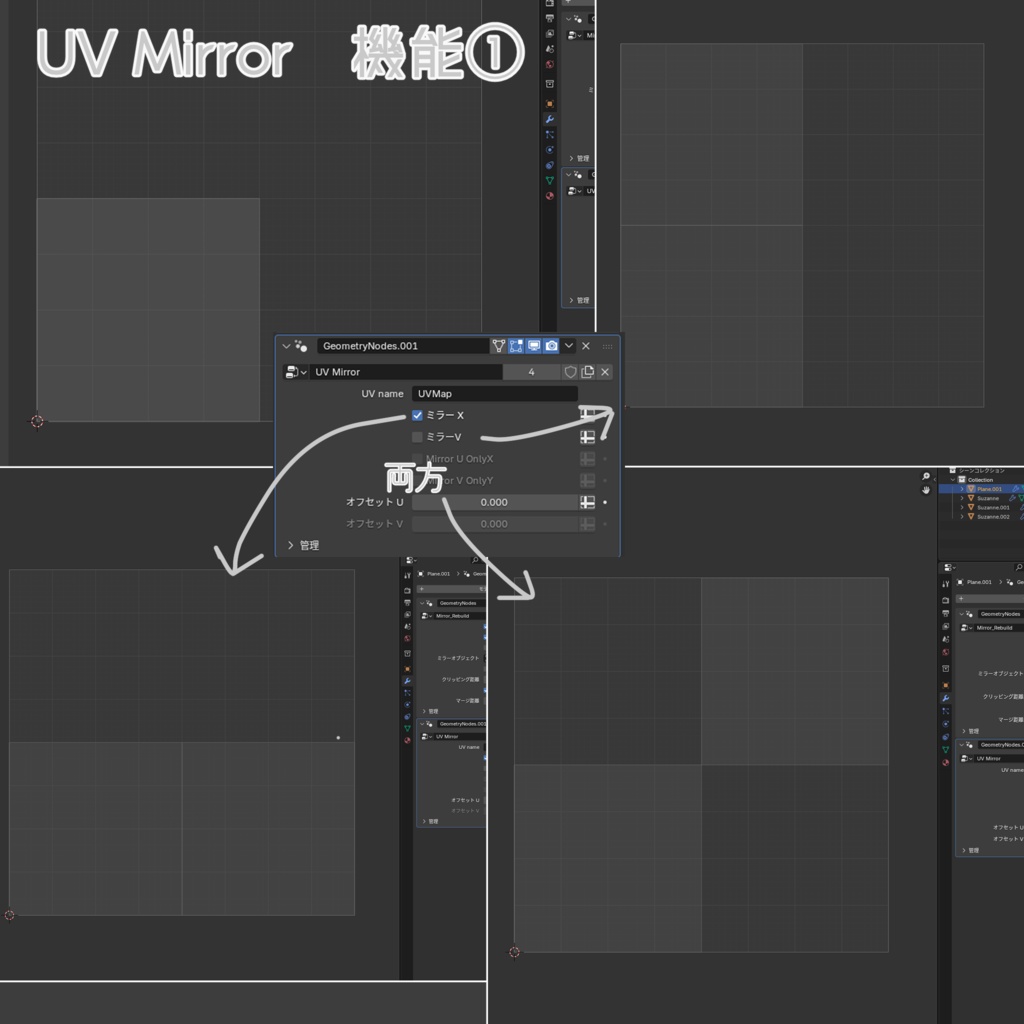 【Blender GeometryNodes】 UVレイヤーごとにミラーUVとミラーオフセットを設定できるモディファイア【Mirror UVLayer】】