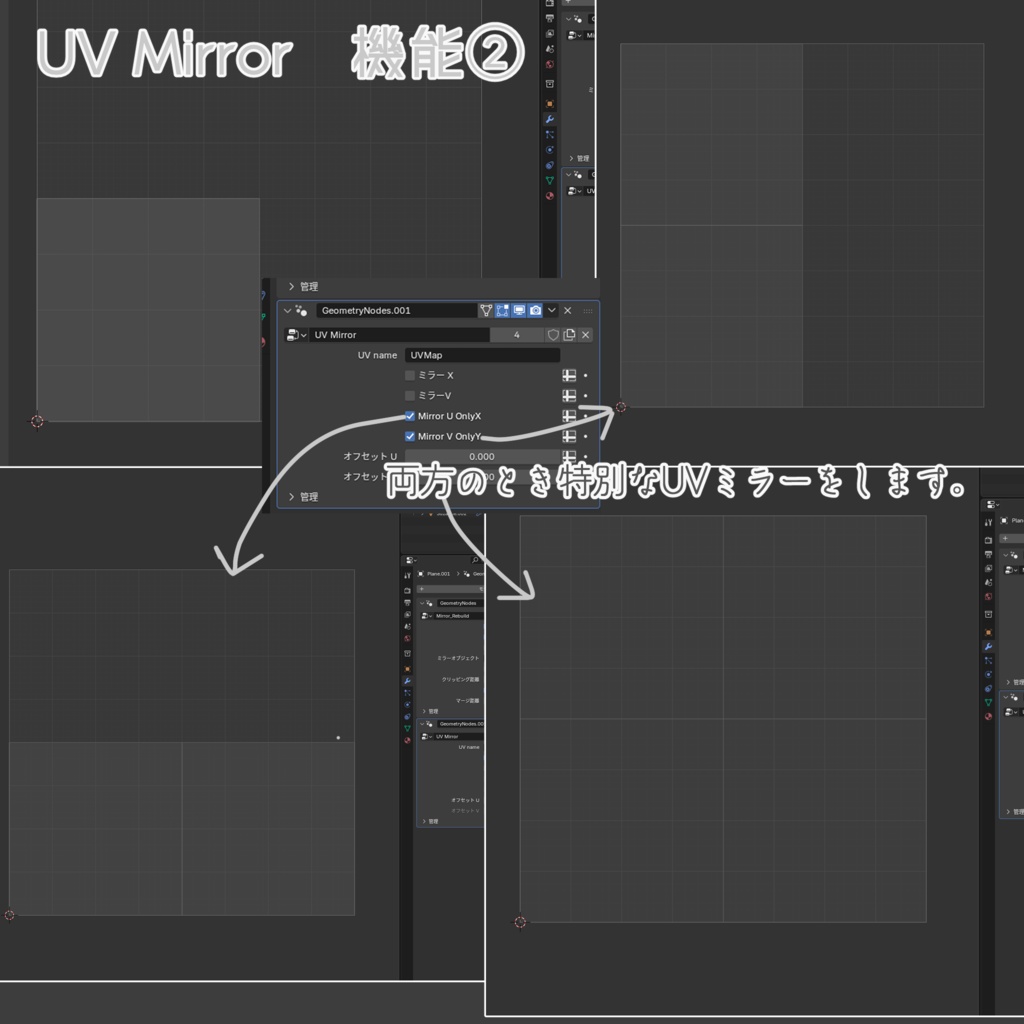 【Blender GeometryNodes】 UVレイヤーごとにミラーUVとミラーオフセットを設定できるモディファイア【Mirror UVLayer】】