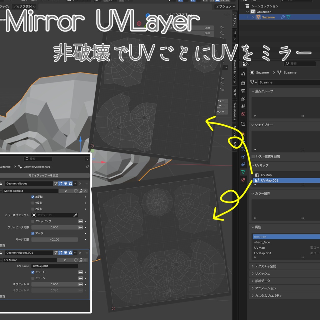 【Blender GeometryNodes】 UVレイヤーごとにミラーUVとミラーオフセットを設定できるモディファイア【Mirror UVLayer】】