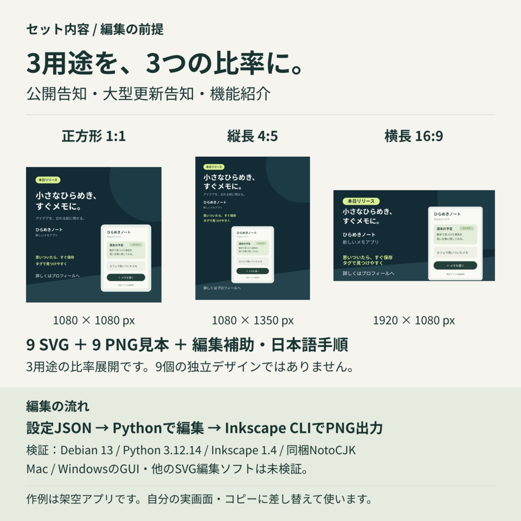 開発者向け SNS告知SVGソースキット|3用途×3比率・CLI編集