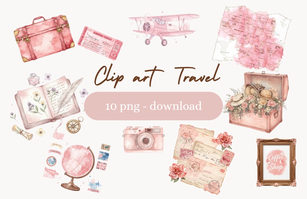 【素材集】水彩ピンクのアンティーク旅行クリップアートセット