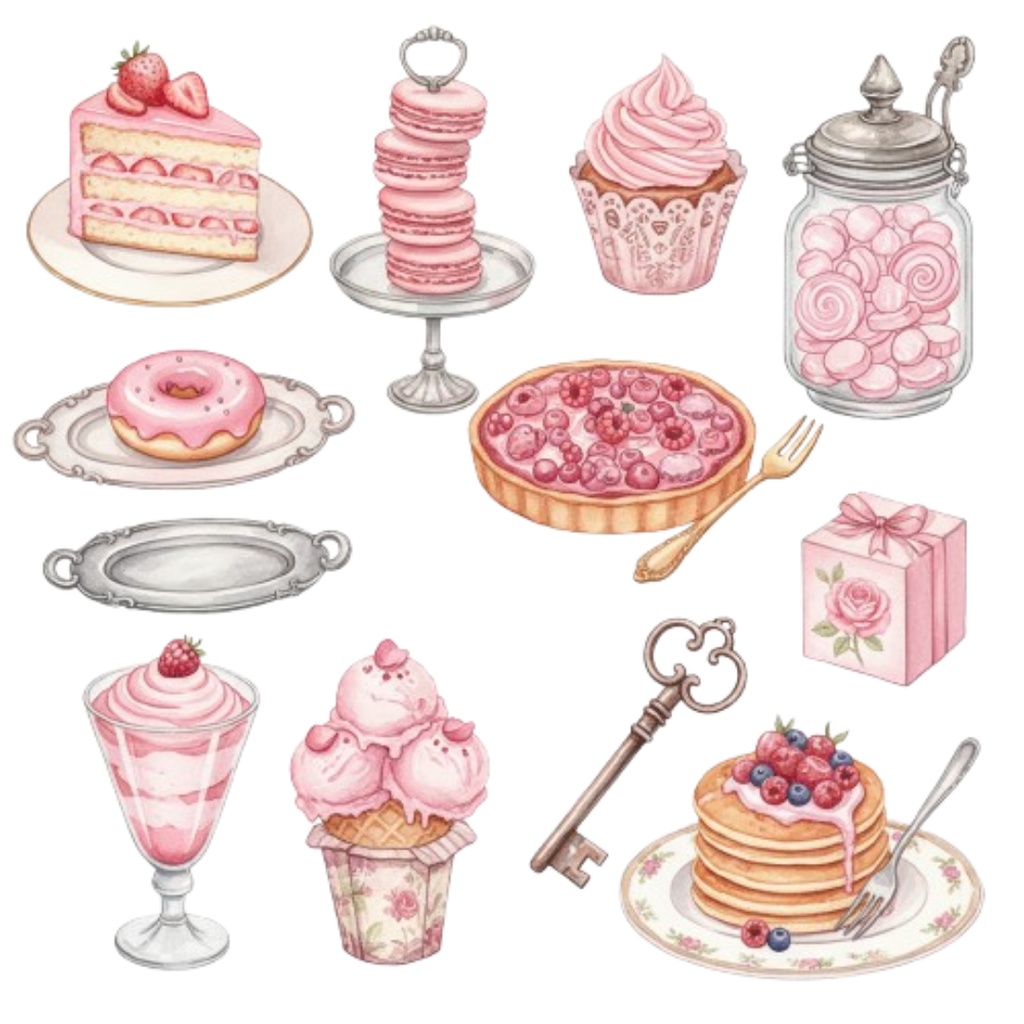 【素材集】水彩ピンクのアンティークスイーツ100点以上素材集・A/Bset(PNG透過)