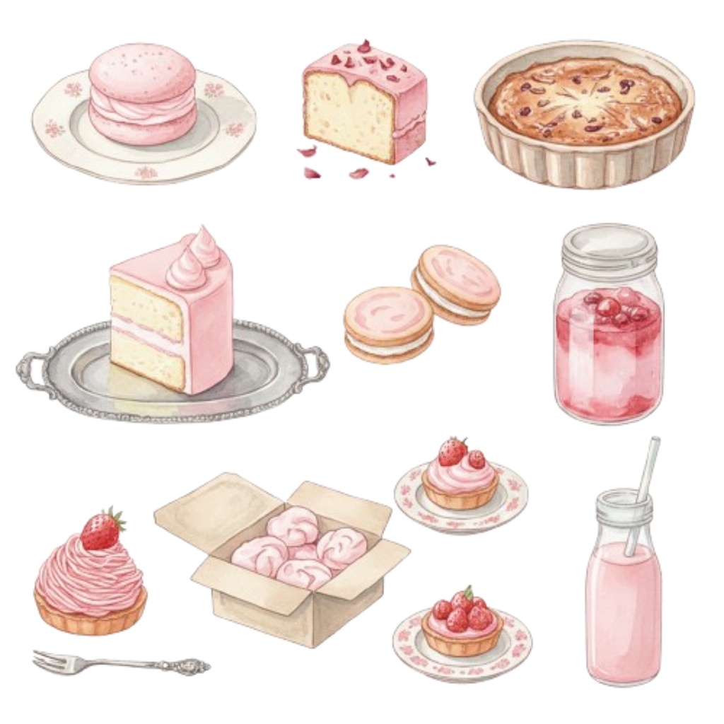 【素材集】水彩ピンクのアンティークスイーツ100点以上素材集・A/Bset(PNG透過)
