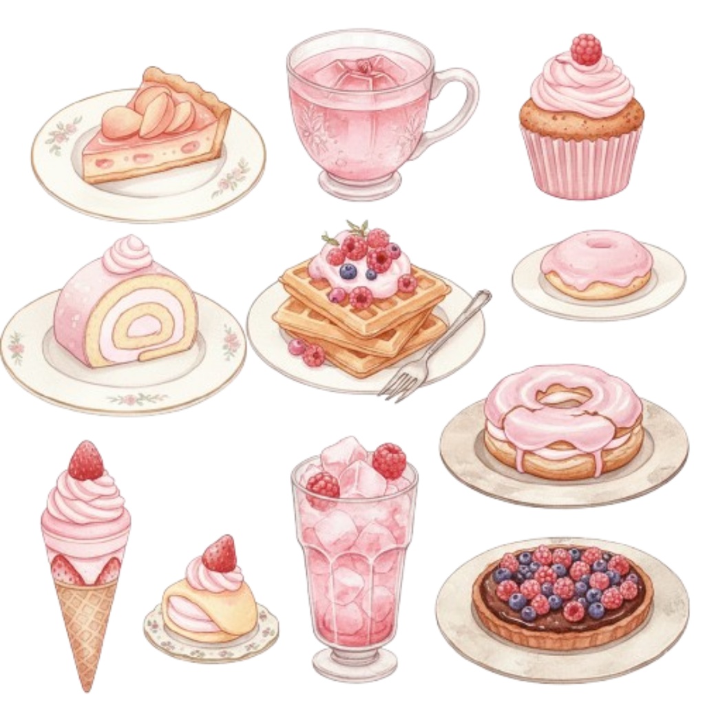【素材集】水彩ピンクのアンティークスイーツ100点以上素材集・A/Bset(PNG透過)