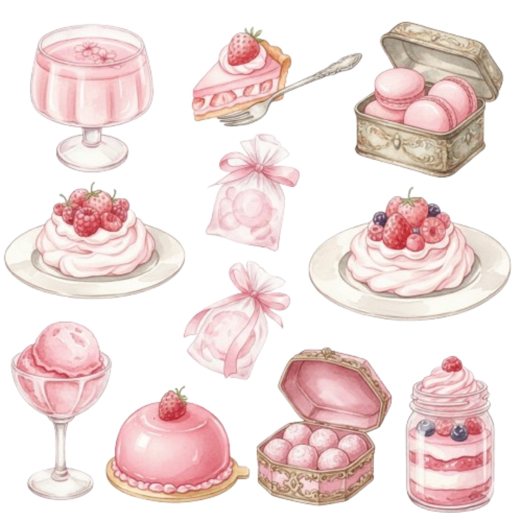 【素材集】水彩ピンクのアンティークスイーツ100点以上素材集・A/Bset(PNG透過)