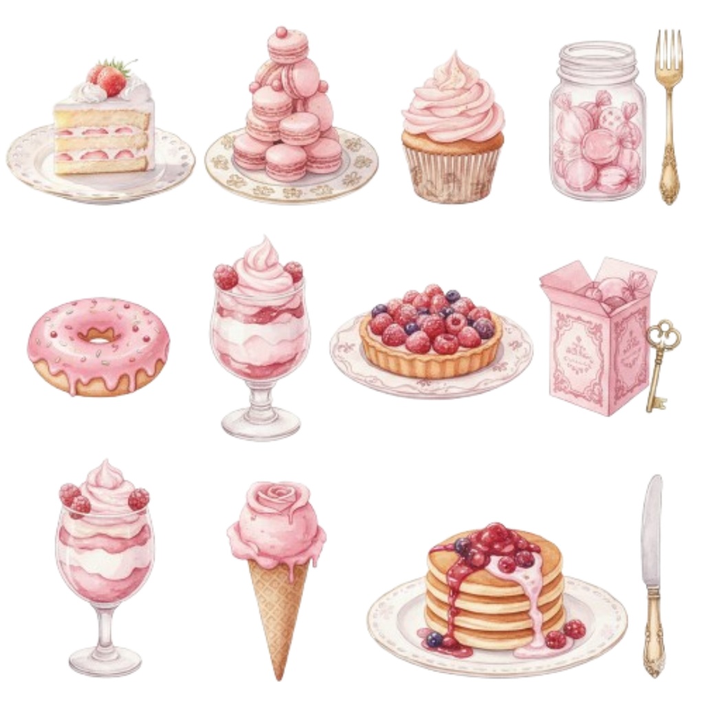 【素材集】水彩ピンクのアンティークスイーツ100点以上素材集・A/Bset(PNG透過)