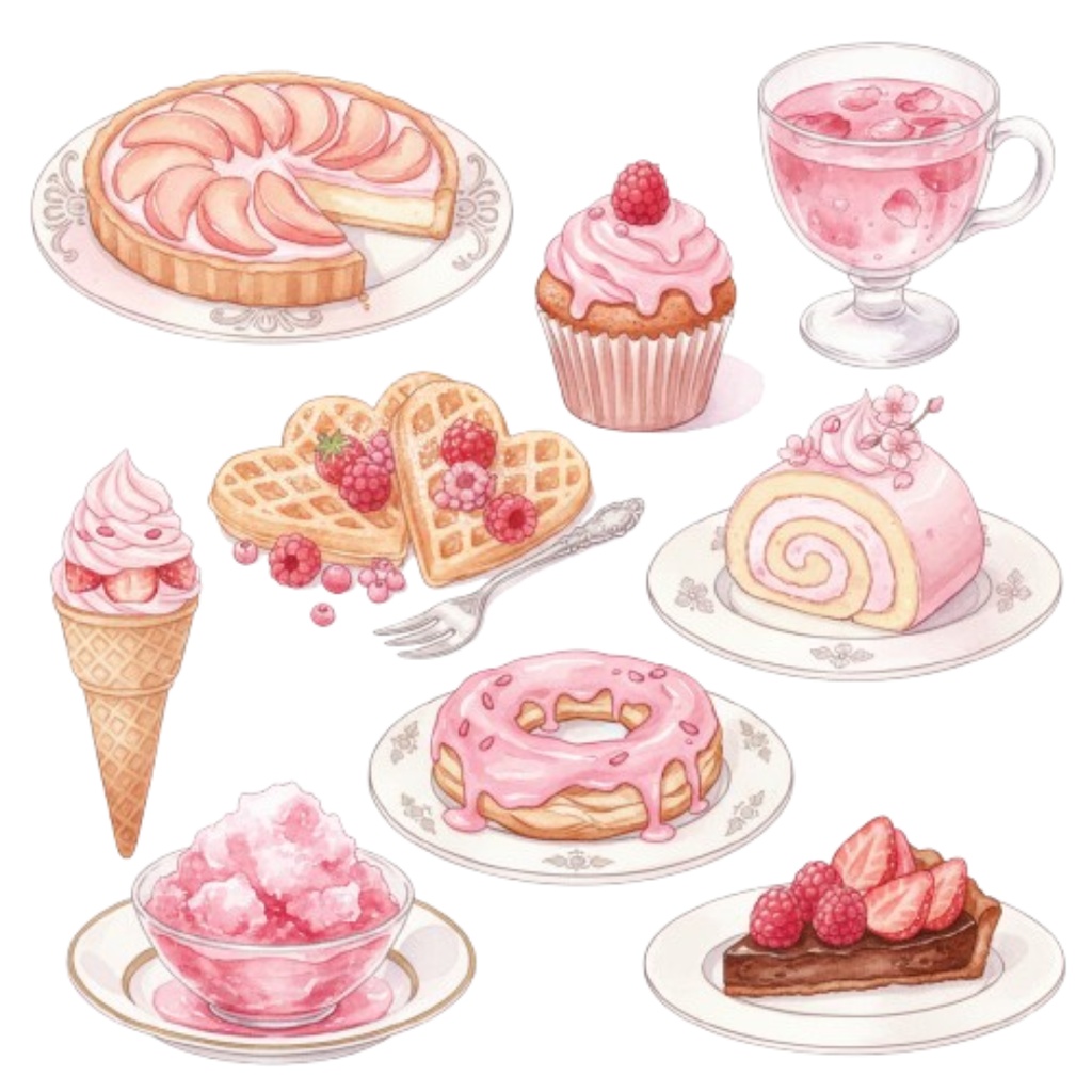 【素材集】水彩ピンクのアンティークスイーツ100点以上素材集・A/Bset(PNG透過)