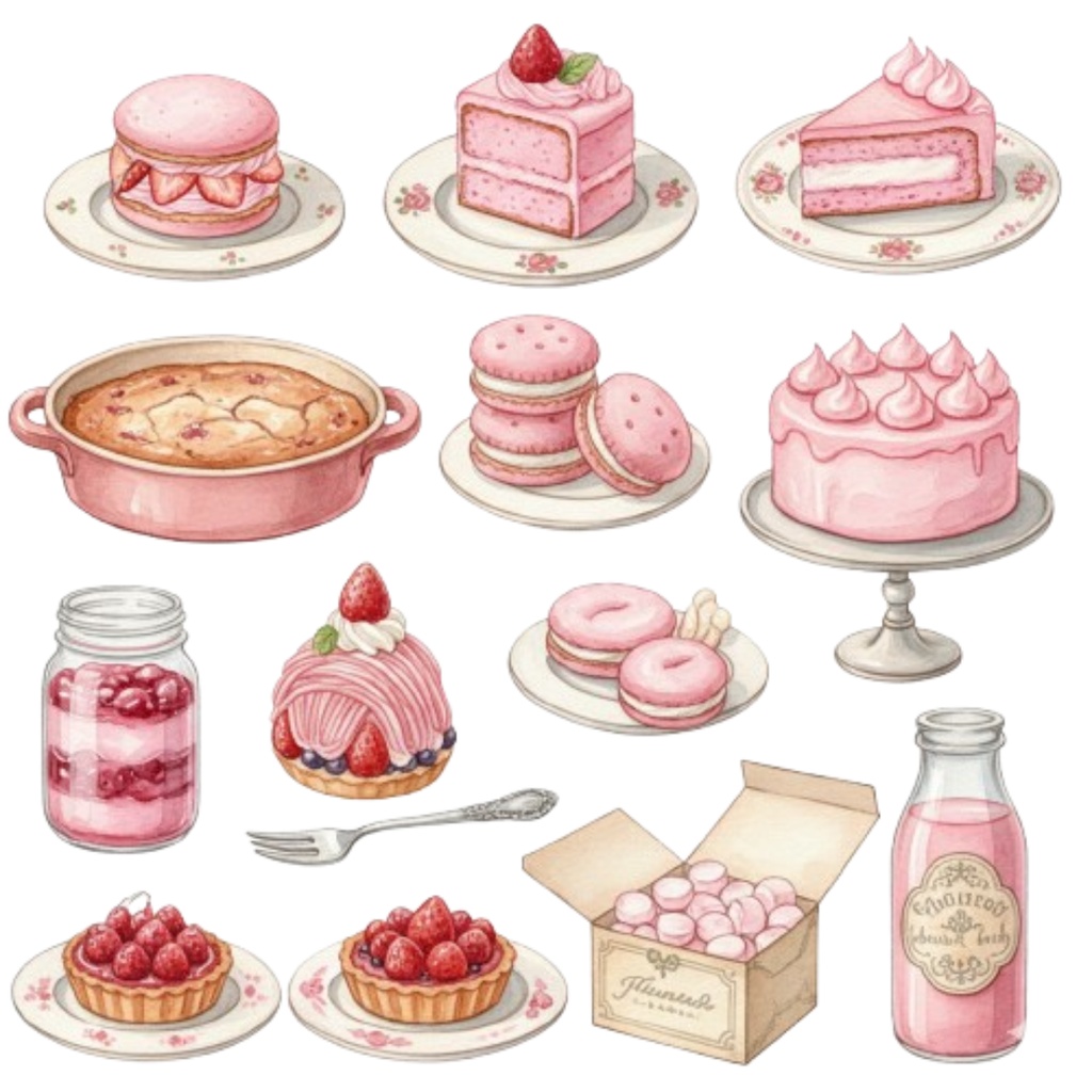 【素材集】水彩ピンクのアンティークスイーツ100点以上素材集・A/Bset(PNG透過)