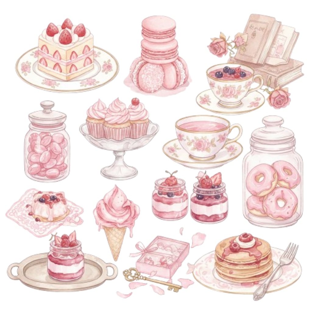 【素材集】水彩ピンクのアンティークスイーツ100点以上素材集・A/Bset(PNG透過)