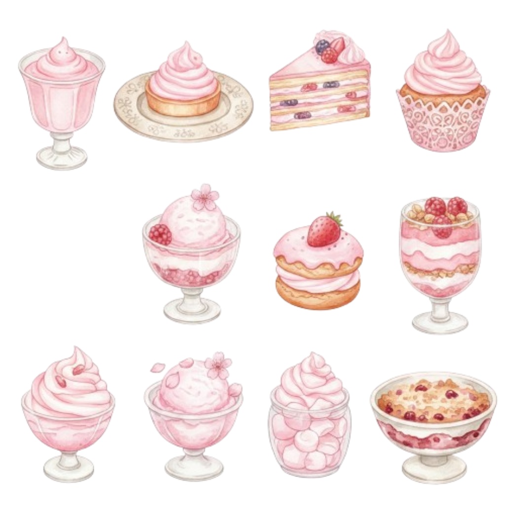 【素材集】水彩ピンクのアンティークスイーツ100点以上素材集・A/Bset(PNG透過)
