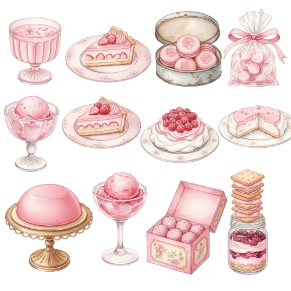 【素材集】水彩ピンクのアンティークスイーツ100点以上素材集・A/Bset(PNG透過)